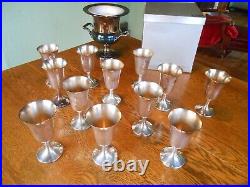 12 Silver Plate Goblets withSilver Plate Wm Rogers Ice Bucket, All USA Mid-Century