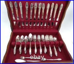 1847 Rogers Bros Silverplate First Love Pattern Flatware 83 Pieces Wood Case