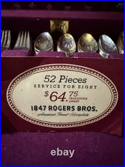 1847 Rogers Bros Silverplate Flatware Set 52 Pc Service for 8 w Chest Vintage IS