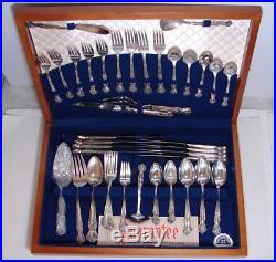 1960's Wm A Rogers Inspiration Magnolia Silverplate Flatware Set withChest 57 pc