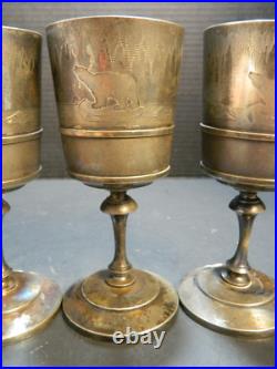 (3) Antique Rogers & Smith Northern Expedition Polar Bear Silver Plate Goblets