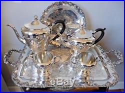 40s Vintage 6 Piece Rogers Old English Silver Plated Rococo Tea Set Tray & Tazza