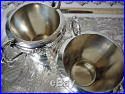 40s Vintage 6 Piece Rogers Old English Silver Plated Rococo Tea Set Tray & Tazza