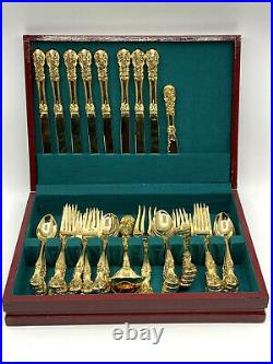 44 PC SET F. B. ROGERS GOLD PLATED FLATWARE SILVERWARE ORIG WOOD BOX French Rose