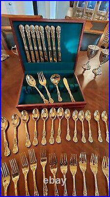 44 PC SET F B ROGERS Gold Plated Flatware Silverware French Rose Formal Table
