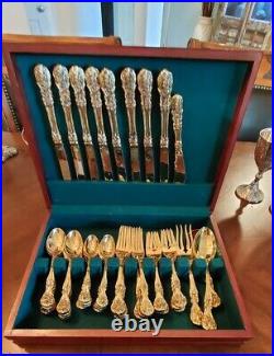 44 PC SET F B ROGERS Gold Plated Flatware Silverware French Rose Formal Table