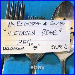 52pc. Wm Rogers & Son IS Silverplate VICTORIAN ROSE FLATWARE SET B MONO in BOX