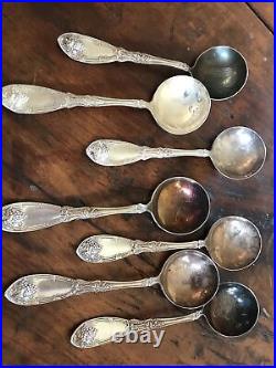 7 Rare Soup Bullion Spoons 1881 Rogers Grape pattern silver plate