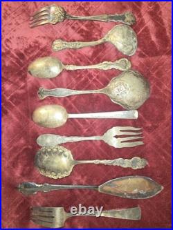 9 Pc Hostess Serving Peices Assorted Silver Plate Spoons Forks Etc polished