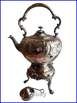 ANTIQUE WM Rogers English Silver Plate Large Tilting Teapot with Stand & Burner
