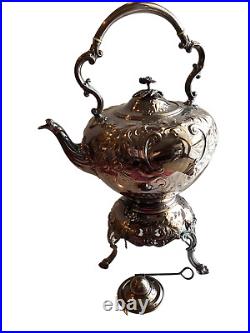 ANTIQUE WM Rogers English Silver Plate Large Tilting Teapot with Stand & Burner