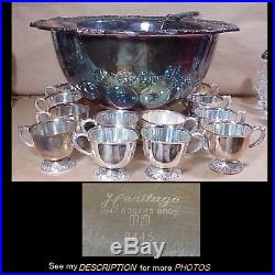 Antique 1847 Rogers Bros Silver Plate 14pc Punch Bowl Ladle 12 Cups Heritage
