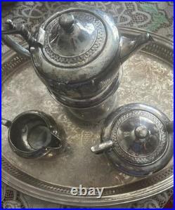 Antique 1862 Meriden Etched Quadruple Silver plate Family Tea Set 7 Pieces