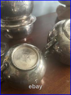 Antique 1862 Meriden Etched Quadruple Silver plate Family Tea Set 7 Pieces