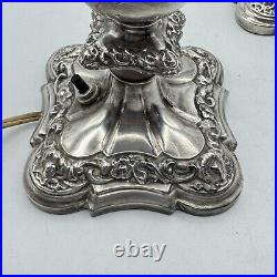 Antique Cephas B Rogers Silver Plate Electric Hurricane Mantle Lamps Victorian