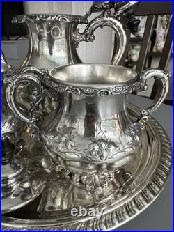 Antique Homan Silver Plate Co Quadruple Plate Tea Coffee Set WM Rogers Tray