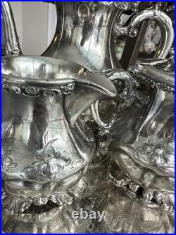Antique Homan Silver Plate Co Quadruple Plate Tea Coffee Set WM Rogers Tray