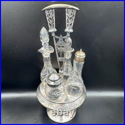 Antique Rogers & Bro Triple Plate Cruet Set 4 Bottles Etched Glass Caddy
