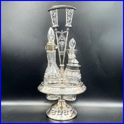 Antique Rogers & Bro Triple Plate Cruet Set 4 Bottles Etched Glass Caddy