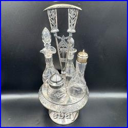 Antique Rogers & Bro Triple Plate Cruet Set 4 Bottles Etched Glass Caddy