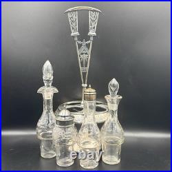 Antique Rogers & Bro Triple Plate Cruet Set 4 Bottles Etched Glass Caddy