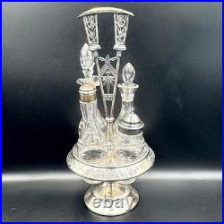 Antique Rogers & Bro Triple Plate Cruet Set 4 Bottles Etched Glass Caddy