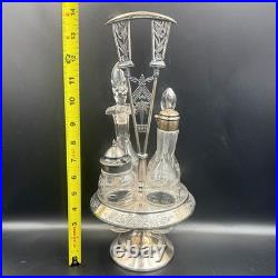Antique Rogers & Bro Triple Plate Cruet Set 4 Bottles Etched Glass Caddy