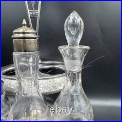 Antique Rogers & Bro Triple Plate Cruet Set 4 Bottles Etched Glass Caddy