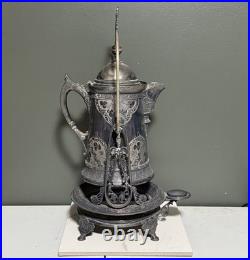 Antique Rogers & Bro Triple Plate Silver Tilting Water Pitcher With Stand Ornate Antique Rogers & Bro Triple Plate Silver Tilting Water Pitcher With Stand Ornate