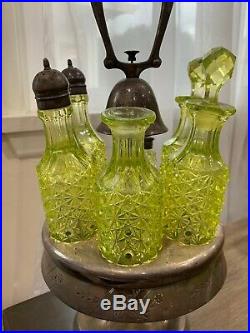 Antique Rogers & Bro Victorian Triple Plate Vaseline Glass Condiment Carousel