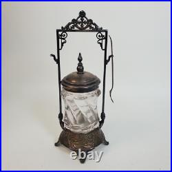 Antique Rogers Bros Heavy Glass Pickle Castor With Silver Plate Stand, Lid, & Fork