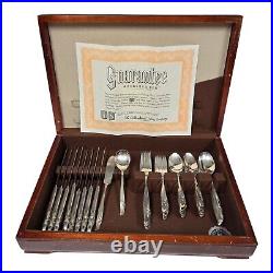 Antique Rogers Bros Reinforced Plate 48pc Flatware MCM Floral Pattern Wood Chest