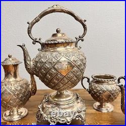 Antique Set Rogers English Silver Plate Large Tilting Burner Teapots