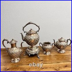 Antique Set Rogers English Silver Plate Large Tilting Burner Teapots