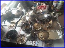 Antique Silver Plate Lot Serving Trays Teapot Assorted Dishes & Utensils
