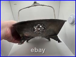 Antique Victorian Meriden Rogers Smith Silver Plate Basket Cat Cherub
