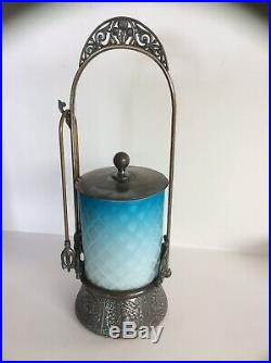 Antique Victorian Turquoise Satin Glass Pickle Castor Rogers Silver Plated