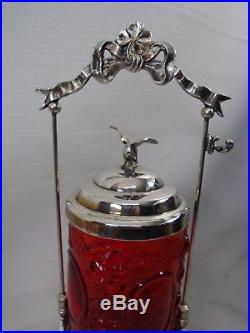 Antique Wm Rogers Silverplate Pickle Castor with LG Wright Red Embossed Glass