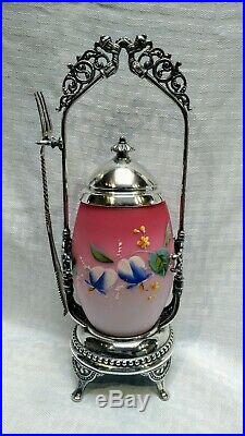 Antique rare Rogers silverplate Victorian pickle castor with satin enameled jar