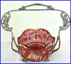 Antq 1899 Victorian Wm A Rogers Bride Basket-eapg Ruby Delaware Rose/gold Bowl
