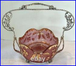 Antq 1899 Victorian Wm A Rogers Bride Basket-eapg Ruby Delaware Rose/gold Bowl