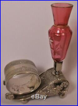 Beautiful Rogers & Bro. Silver Plate Napkin Ring W Cranberry Glass Enamel Vase