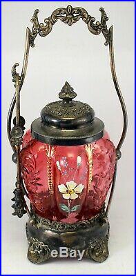 Cranberry Art Glass & Enamel PICKLE CASTOR in F. B. ROGERS Silver Plated Holder