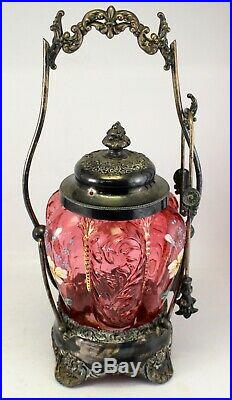 Cranberry Art Glass & Enamel PICKLE CASTOR in F. B. ROGERS Silver Plated Holder
