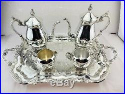 FB ROGERS SILVER FOOTED COFFEE & TEA SET + SILVER FOOTED BUTLER TRAY 5pc BEAUTY