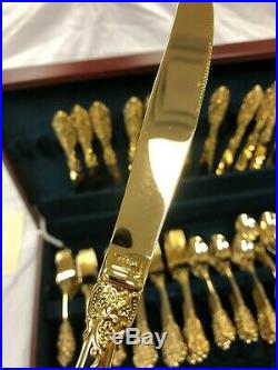 FB Rogers 85 Piece Golden Plated Grand Antique Flatware 16 Settings with Wood Case
