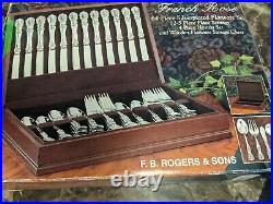 FB Rogers FRENCH ROSE DESIGN SILVER PLATE FLATWARE Silverware with WOODEN BOX