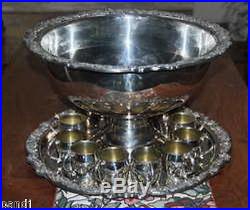 FB Rogers SILVERPLATE PUNCH BOWL and TRAY with 12 CUPS