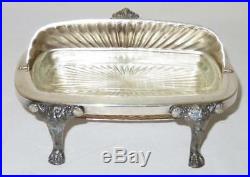 FB Rogers Silver Plate Roll Top Covered Butter Tray with Claw Feet & Glass Tray