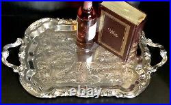 FB Rogers Silver Plated Serving Tray Large Handled Tea Tray Etched Footed 25